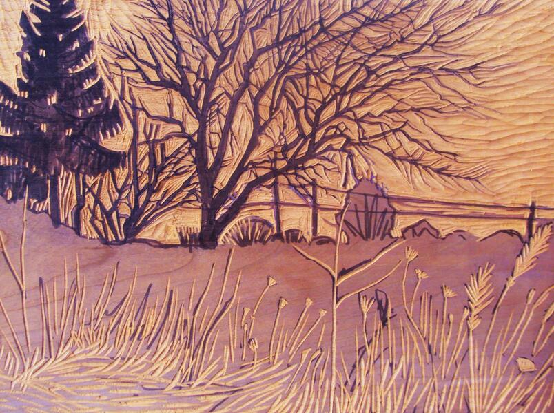 Carved Woodblock for Dusk, View from the Highway