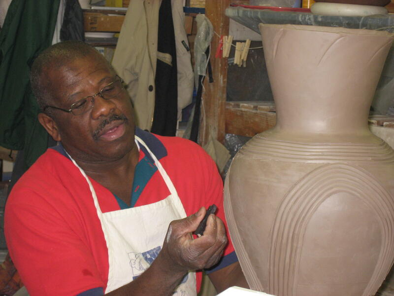 Carving Umbrella Vase in the Studio