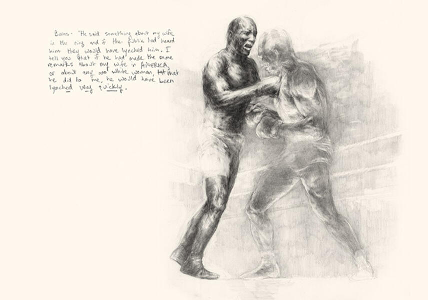 Page spread from "Invisible Champion: Jack Johnson" artist's book 
