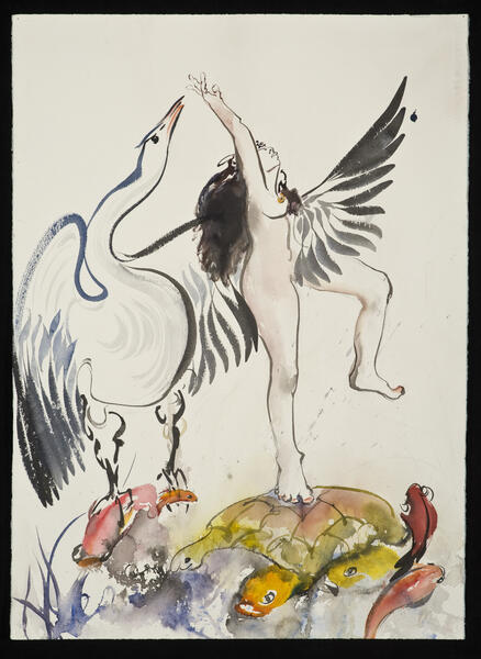ink painting, watercolor, swan and girl