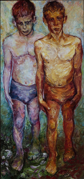 two aspects of youth, strong, textural paint contrasts softer pastel paint, Kouros pose, 