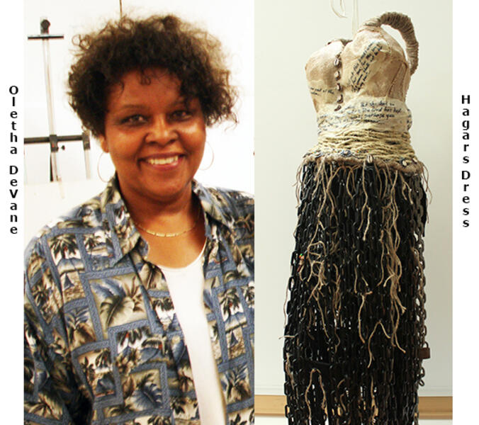 Oletha DeVane translated the Biblical story of Hagar's struggles in the wilderness by making her garment with barbed wire and chains.