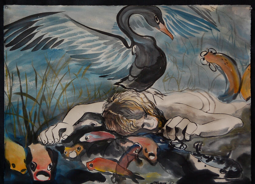 ink, watercolor, swan and fish