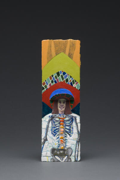 statues, installation, my father, funeral cards, death, holy, self portrait, skeleton, my bones, painting, collage