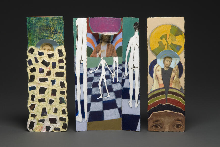 statues, installation, my father, funeral cards, death, holy, Mary, painting, collage