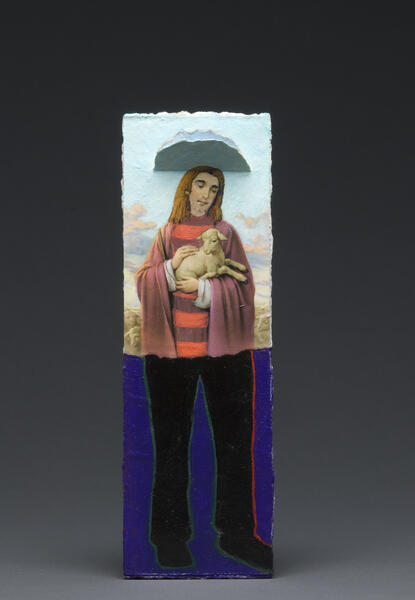 statues, installation, my father, funeral cards, death, holy, lambs, painting, collage