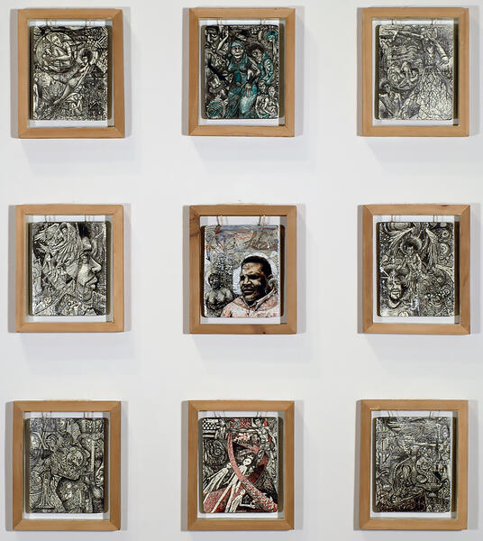 Tri - Triptych, 9 visual diary's, acrylic paint, collage, ink, on wood panel w twine.jpg