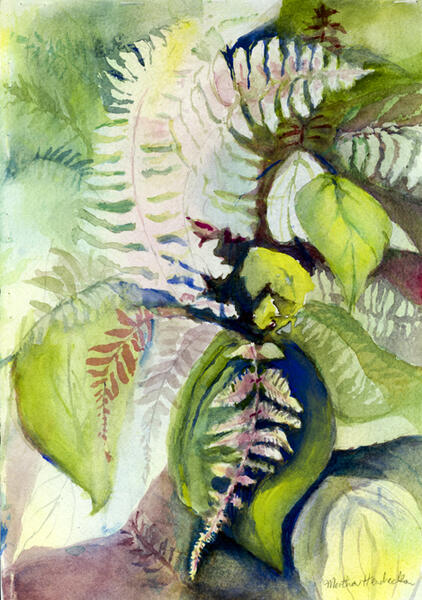 Watercolor painting of ferns in positive and negative shapes