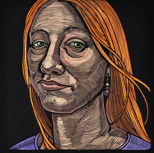 "One World - Girl with Red Hair" - 24" x 24"- Linoleum block print with watercolor and silver leaf on handmade Kozo paper.