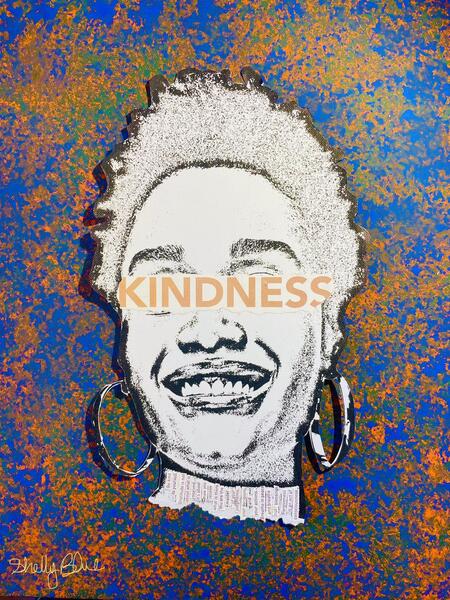 Kindness, black collage art, mixed media, acrylic, emotional wellbeing 