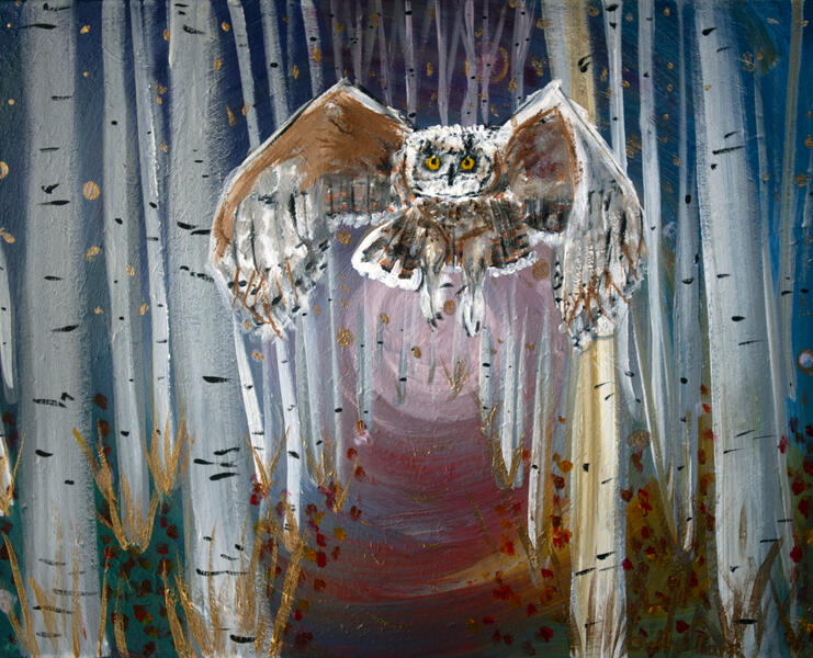 painting, owl, trees, acrylic, white, purple, gold
