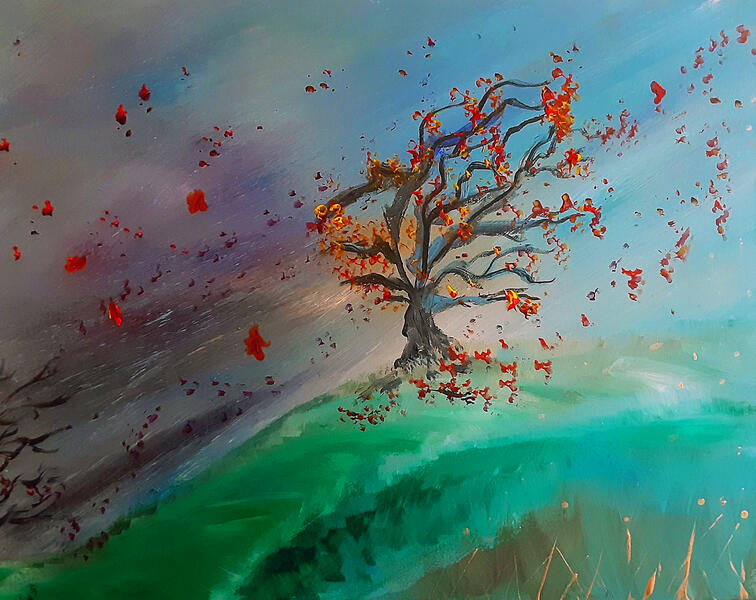 paint, acrylic, trees, wind, blue, green, purple, autumn
