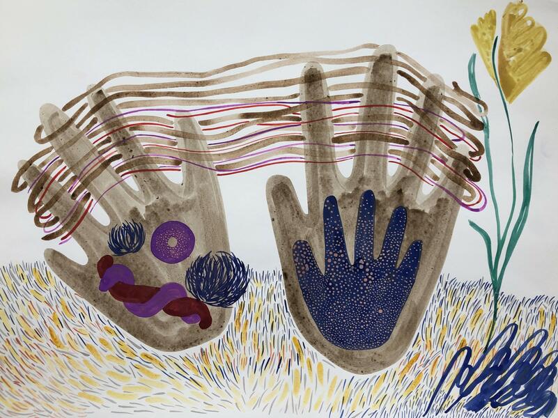 hands weaving, watercolor and ink on paper, 18 x 24 in, 2020