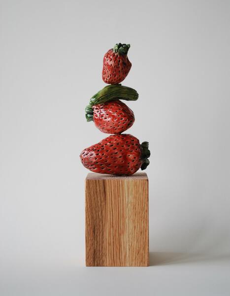 stacked strawberries and gherkin, glazed ceramic, brass and wood, 8x2.5x2.5in, 2021