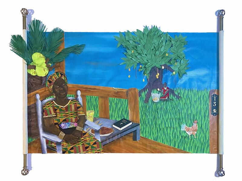 "Eno Ama's Legacy" by Hope and Faith ♡  Tonisha Hope & Eleisha Faith McCorkle. 5’ x 6’, Mixed media collage on self- constructed scroll, 2022. Commissioned original piece ♡