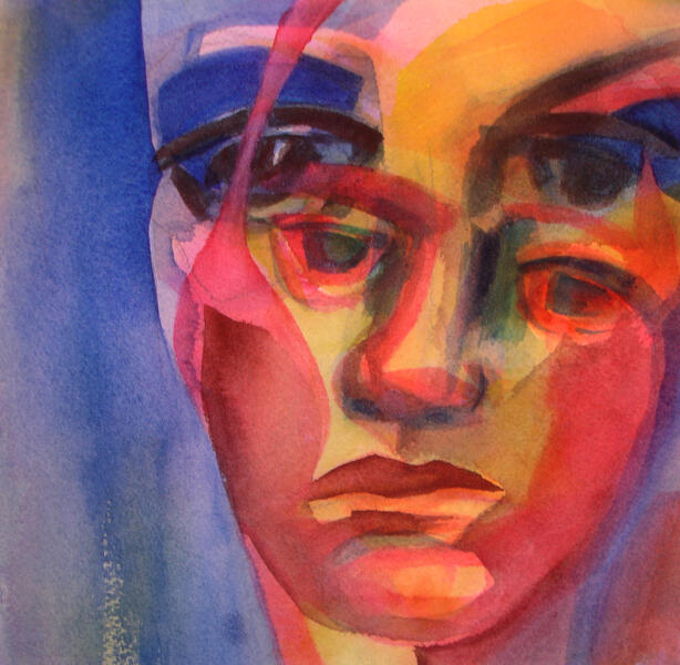 An 8" x 8" watercolor painted in vivid colors, "Ideation" appears to be a double exposure of the face of a woman alone with her thoughts.