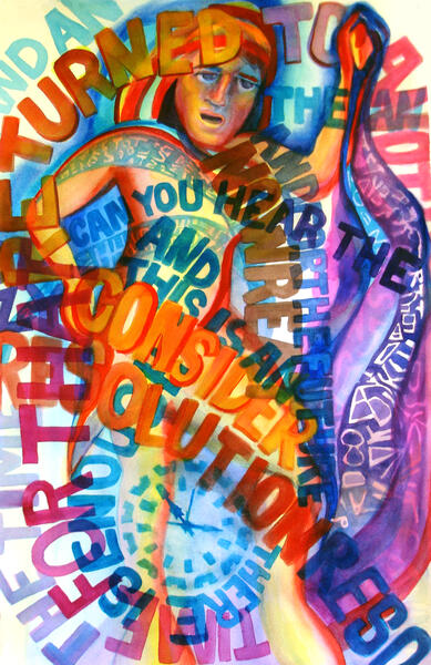 "Orator" is a 22"H x 15"W watercolor painted in vivid colors. A speaking woman's figure is surrounded by words.
