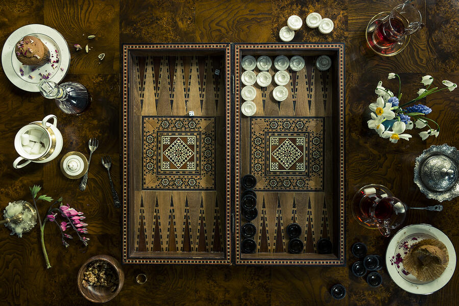 Photograph of "Backgammon, Hibiscus, & Muffins."