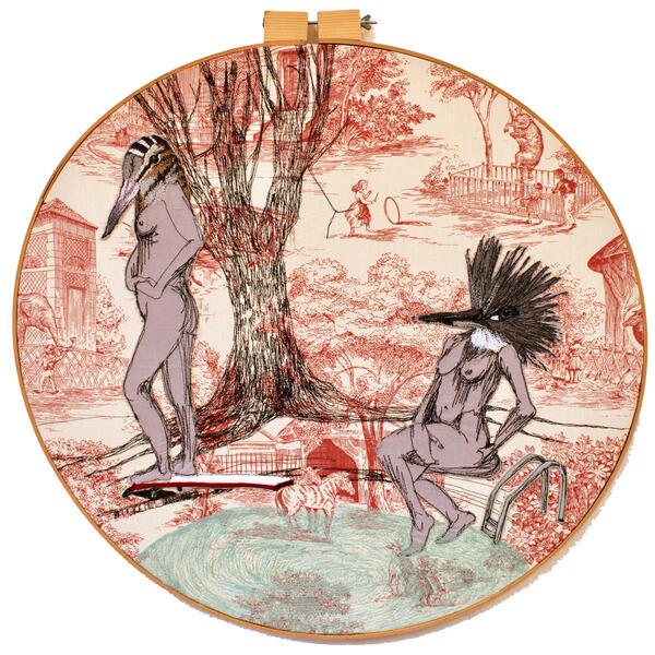 fiberart, thread drawing, figure, kingfisher, woodcock, freehand machine stitched  