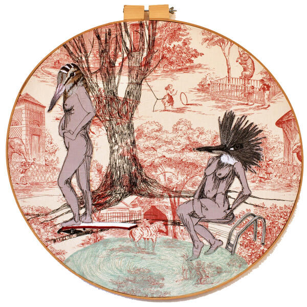 fiberart, thread drawing, figure, bird headed women, king fisher, woodcock