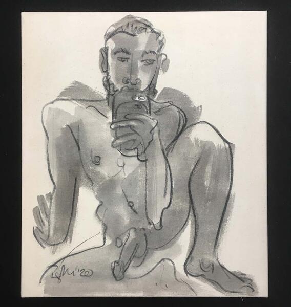 male nude on phone charcoal on canvas