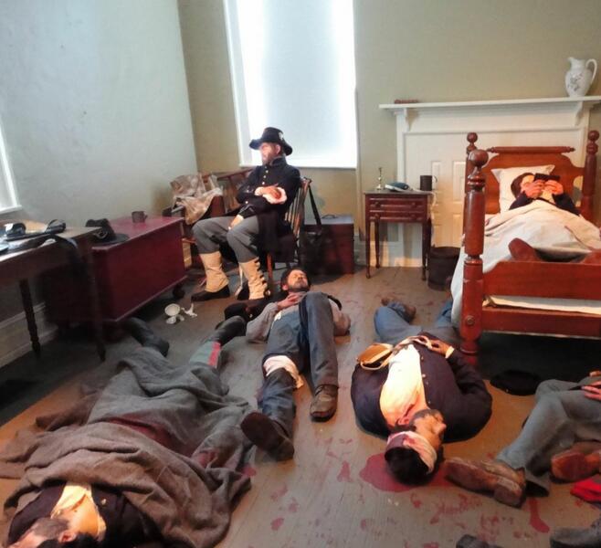 Citizens at the Crossroads is performed in exhibition displays like this one depicting the wounded soldiers in the Seminary.