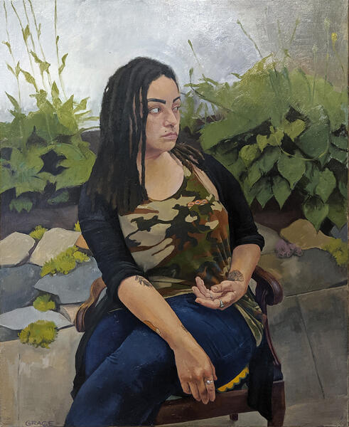 painting of woman outside in chair with camouflage shirt and plants behind her