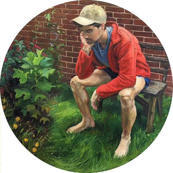 "Sapling", 2022, oil on linen, 36" diameter; tondo with man on bench, a tulip poplar sapling, and flowers