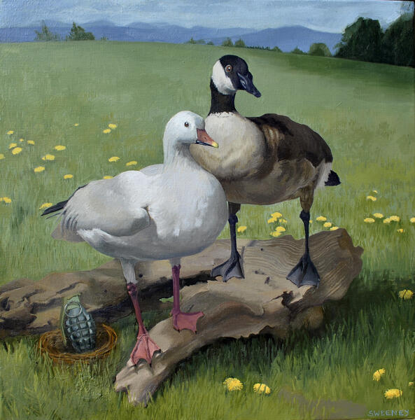 painting of two geese guarding a grenade in a nest