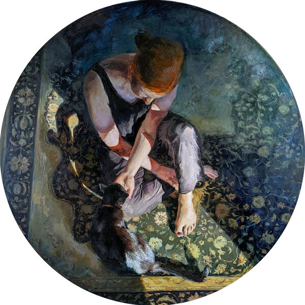 "Salutation", 2022, oil on linen, 36" diameter; tondo with view looking down on girl with cat and sunlight