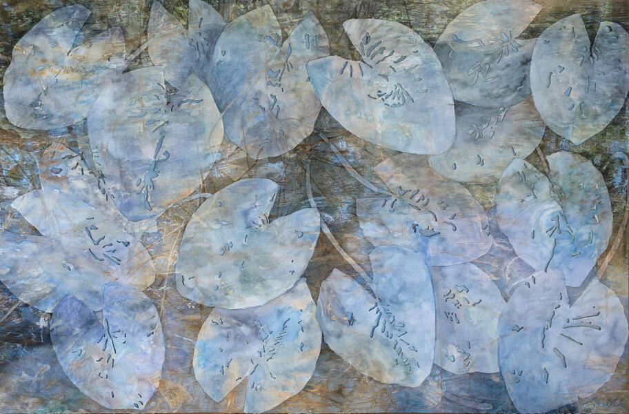 Blue Carbon, 2019, Watercolor, archival pigment print on laser cut Arches paper, 30” x 45”  Blue carbon is the carbon captured and stored in wetland ecosystems such as mangrove forests, seagrass meadows or intertidal saltmarshes. The ecosystems are valued