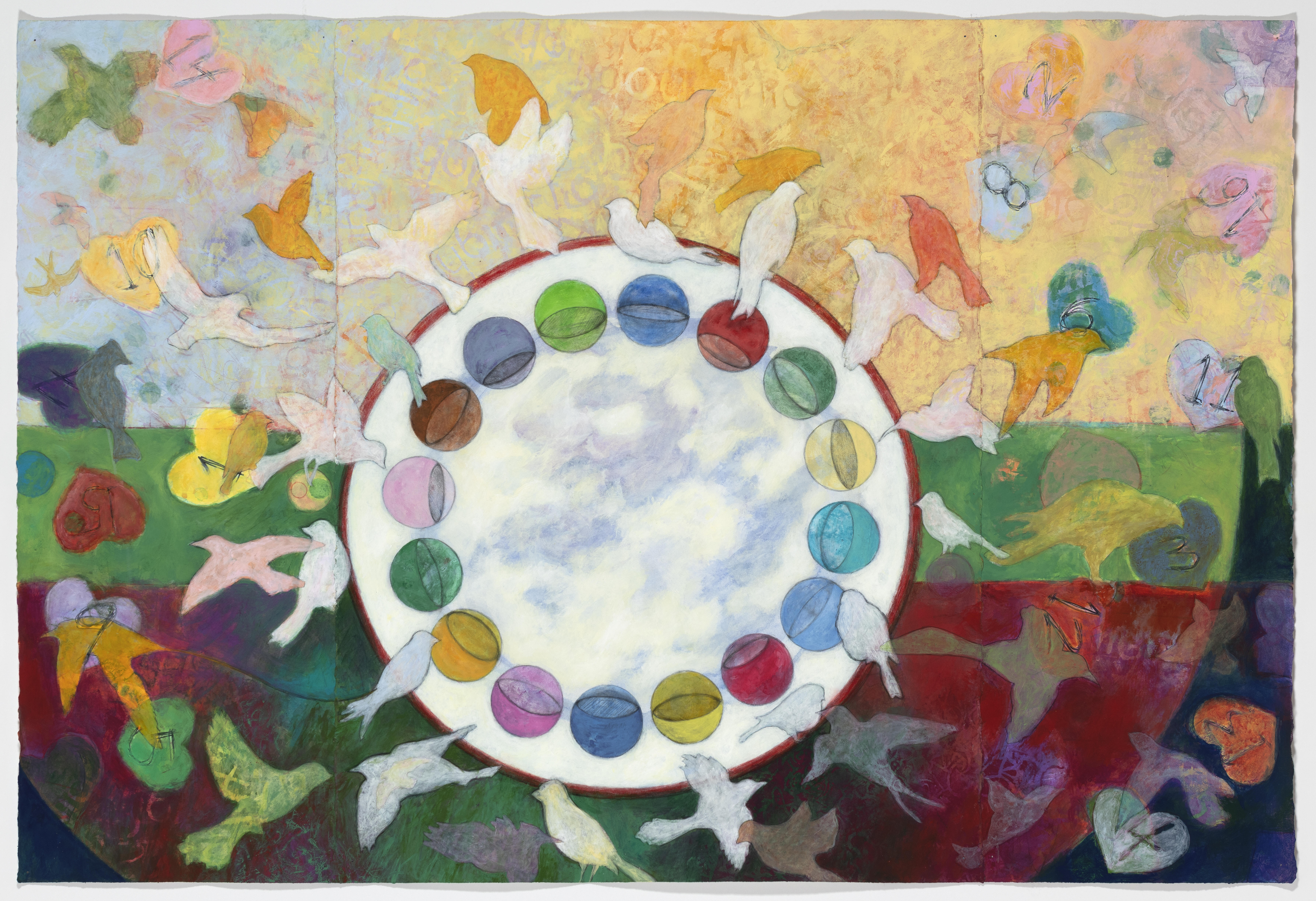 Colorful acrylic painting with dozens of birds flying around what looks like a propped up birdbath.