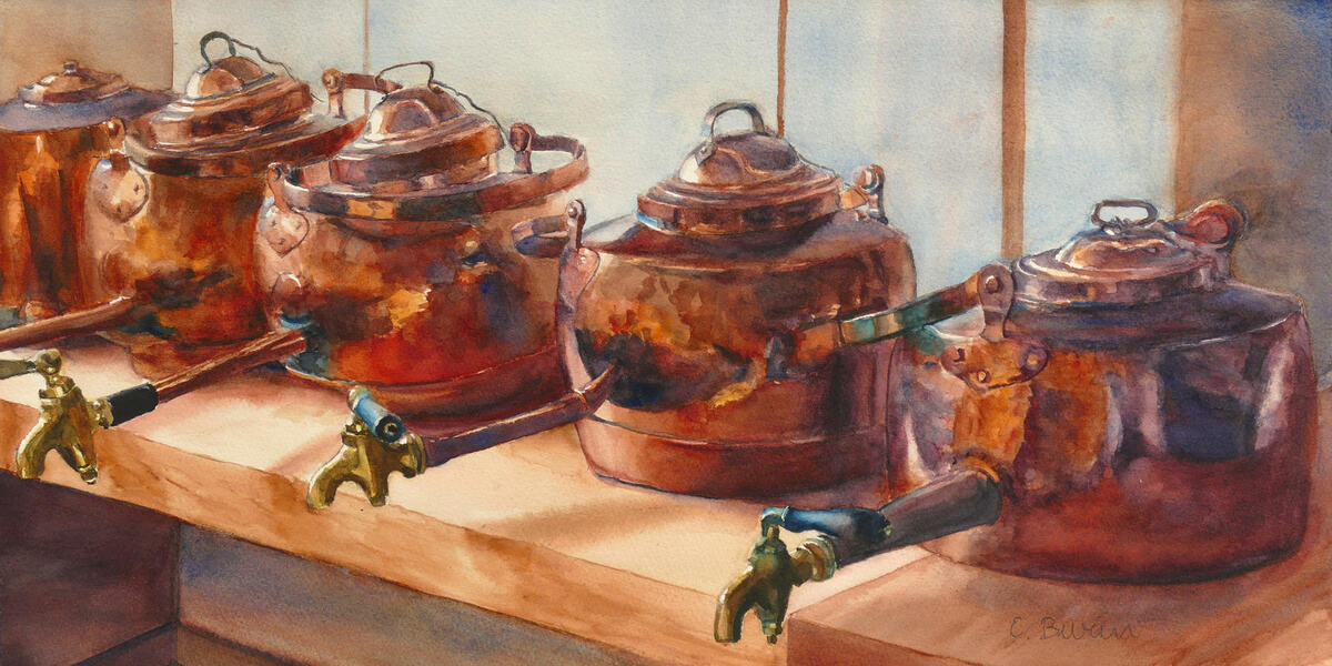 Copper Kettles, watercolor painting by Elizabeth Burin, still life