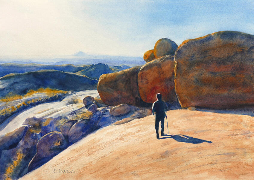 Granite Morning, watercolor painting by Elizabeth Burin, landscape painting, desert landscapes rocky desert