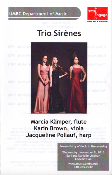 Trio Sirènes contemporary program, cover page, UMBC
