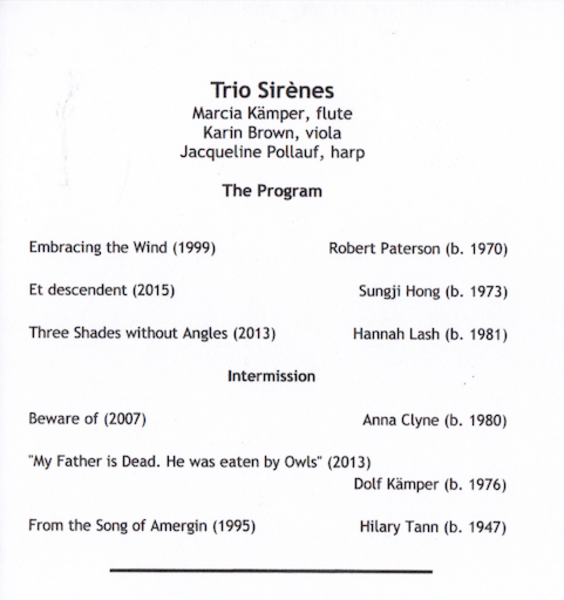 Trio Sirènes contemporary program, inside page, UMBC