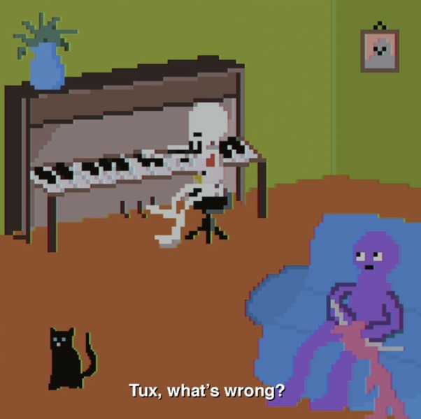 Tux can't play the piano with his bone fingers