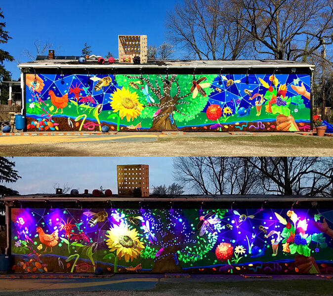 Shot of the mural going from day time to night.