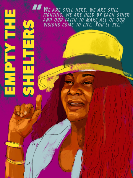 image of Black female organizer with red hair and yellow hat speaking with reds and purples with quote in upper half