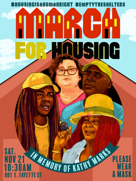 poster image of four housing organizers in blues, reds, and yellows