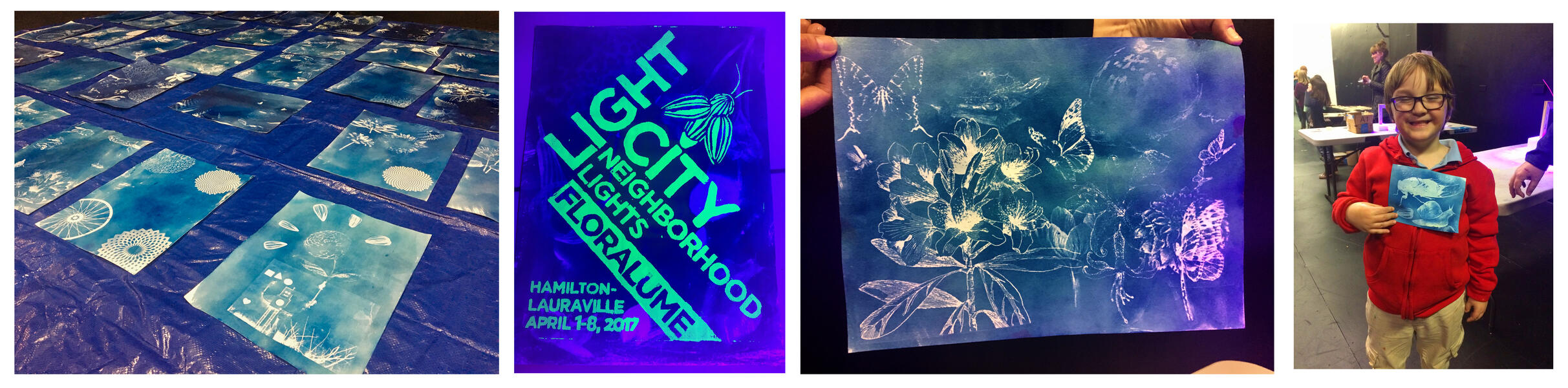 Documentation of the cyanotype posters 100+ families made at The Strand Theater in Hamilton.