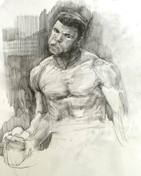 Study Black Lightning (Muhammad Ali), Graphite on paper, 12" x 9"