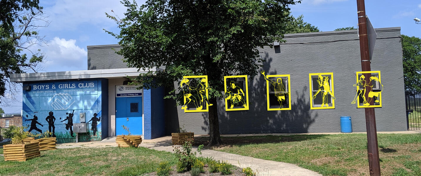 Brooklyn O'Malley Boys and Girls Club, window grilles designed to have cut out pictures in them, yellow laser cut metal, photographs of the children from the center were then made into metal cut-outs