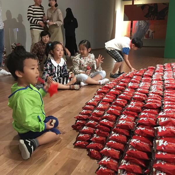 Visitors with Chocopie installation at Busan Biennale 2018 MoCA Busan, Korea