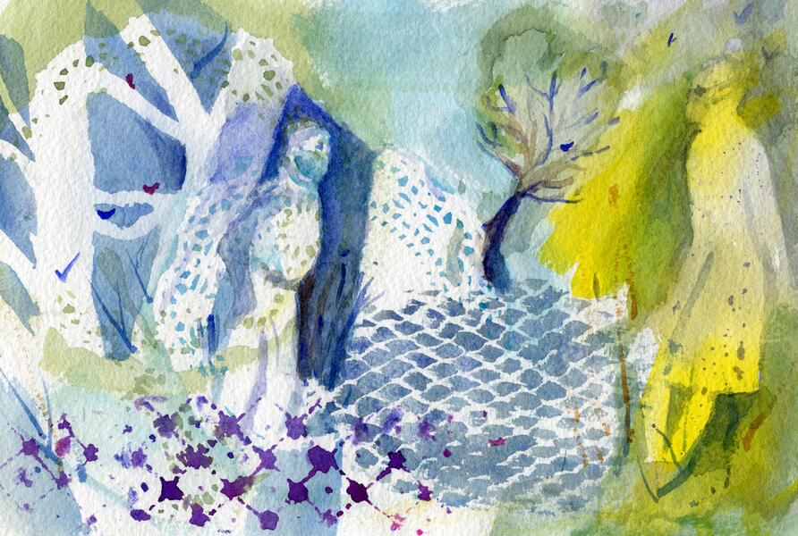 Watercolors of figures wearing masks