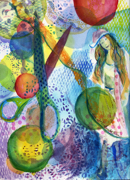Watercolor of figure with scissors and bubbles