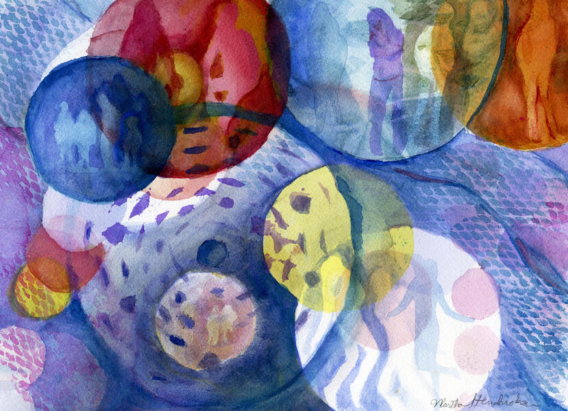 Watercolor of Colorful Circluar shapes with figures in them