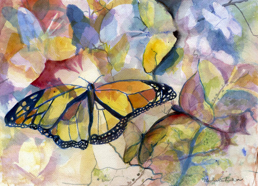watercolor painting of butterflies and insects in layers