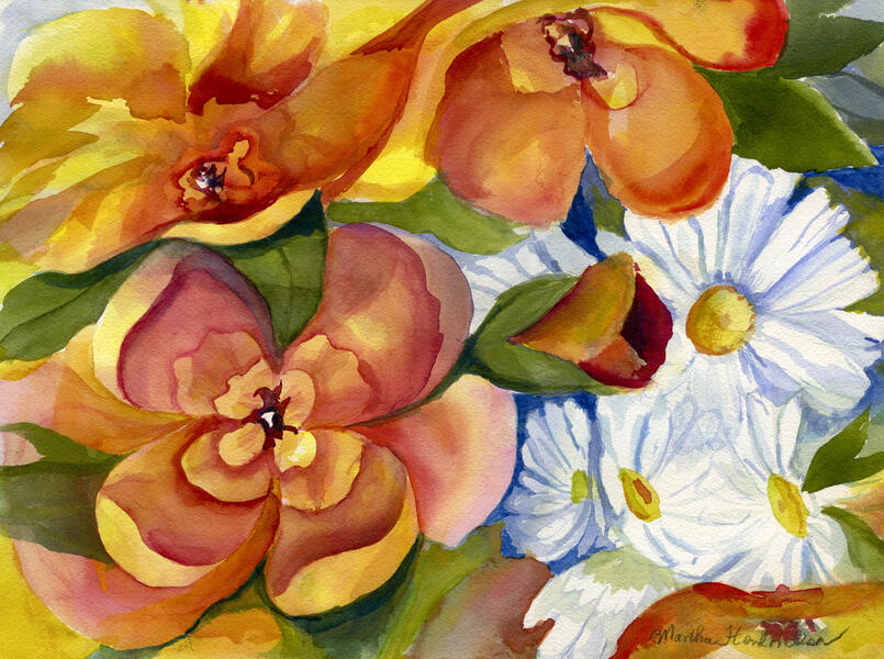 Watercolor painting of orange and white flowers