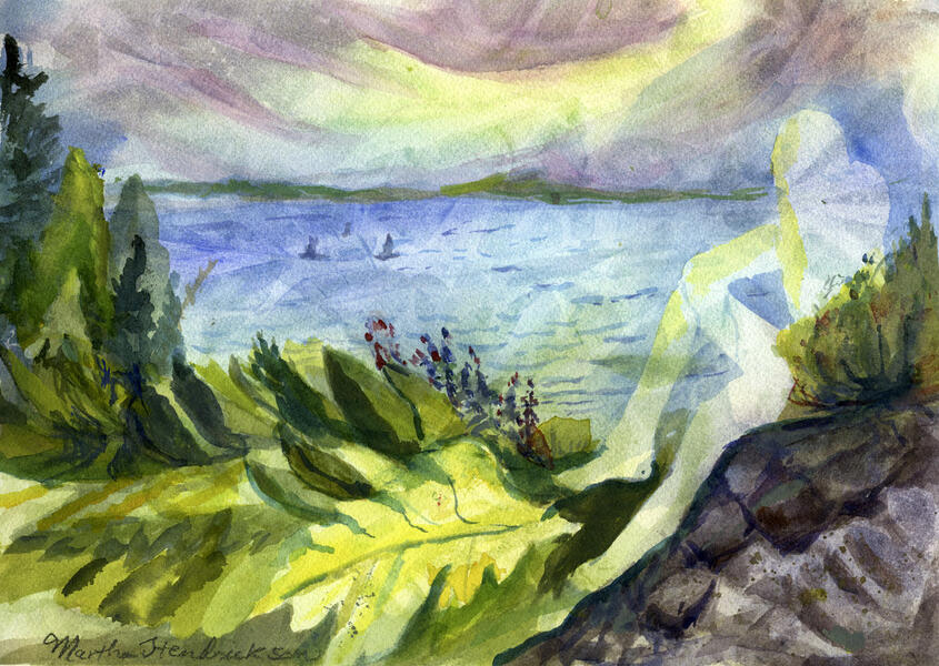 Watercolor of ferns rocks and lake and figure outline